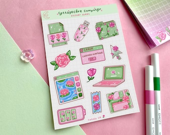 Cottagecore Computer sticker sheet - cute, kawaii, aesthetic, floral, flowers, technology, pink and green, journal planner stickers