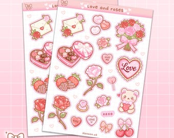 May include: Two sheets of stickers with a pink theme, featuring illustrations of roses, hearts, chocolates, and strawberries. The text "Love and roses" is at the top. Other text includes "Love", "Hug Me", "Kiss", and "XOXO".