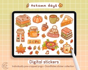 Autumn Days Stickers | Goodnotes Digital Planner Cute Kawaii Fall Nature Leaves Woodland iPad Stickers Journal Precropped PNG Printables