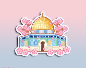 Dome of the Rock Masjid al Aqsa vinyl Sticker, cute cherry blossom flowers, mosque, spring, islamic, Palestine sticker, waterproof stickers