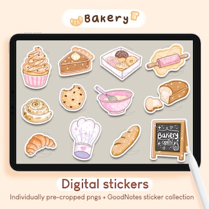 Adesivi digitali per panetteria/adesivi GoodNotes, pacchetto di adesivi per iPad Beige per torta Kawaii carina, diario Planner stampabili PNG preritagliati