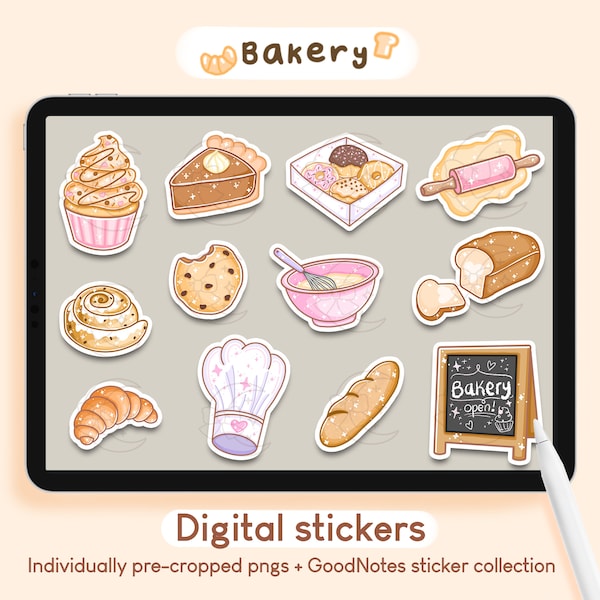 Bakery Digital Stickers | GoodNotes Stickers, Cute Kawaii Cake Bread Food Beige iPad Sticker Pack, Planner Journal Precropped PNG Printables