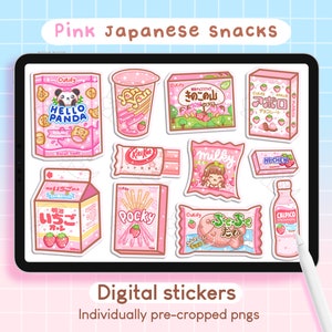 Pegatinas de bocadillos japoneses rosas / Goodnotes Planificador digital lindo Kawaii comida asiática japonesa iPad pegatina, diario PNG precortado imprimibles
