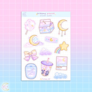 May include: A sticker sheet with a dreamy pastel theme. The sheet features various illustrations, including a cotton candy, milk carton, crescent moons, stars, clouds, a bow, a rainbow, a boba drink, and an airplane window. The text "Dreamy pastel sticker sheet" is at the top.