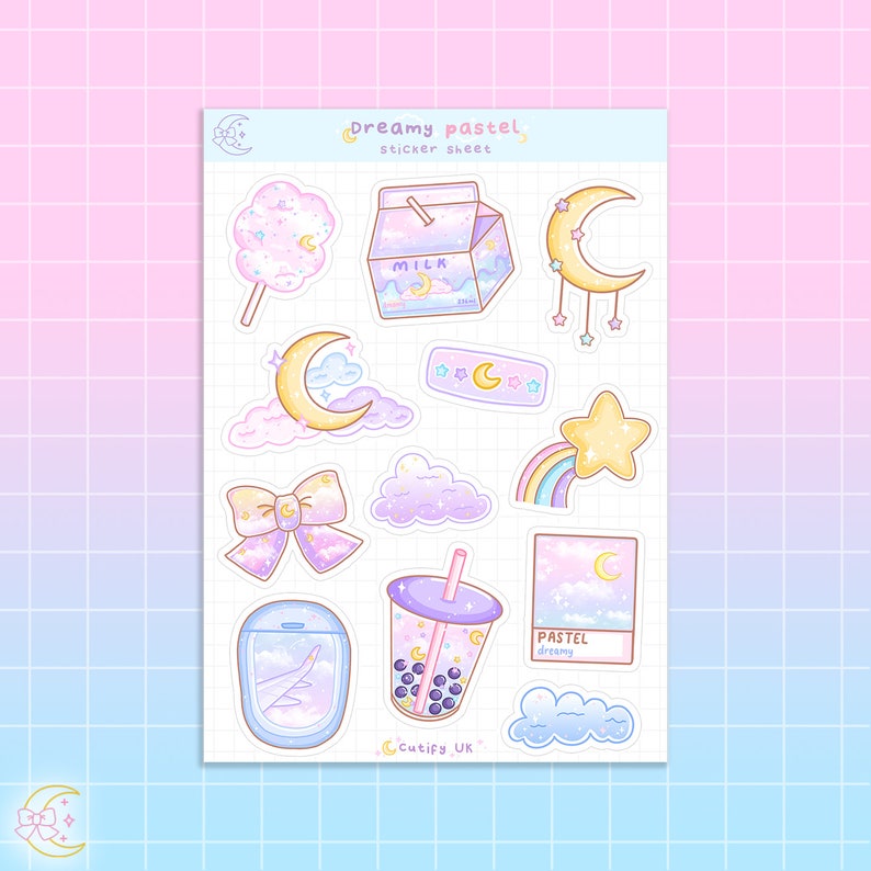 May include: A sticker sheet with a dreamy pastel theme. The sheet features various illustrations, including a cotton candy, milk carton, crescent moons, stars, clouds, a bow, a rainbow, a boba drink, and an airplane window. The text "Dreamy pastel sticker sheet" is at the top.