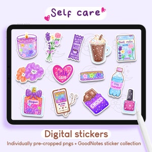 Adesivi digitali per la cura di sé / Adesivi GoodNotes, Pacchetto di adesivi estetici kawaii carini per iPad, Diario di pianificazione, PNG stampabili pretagliati