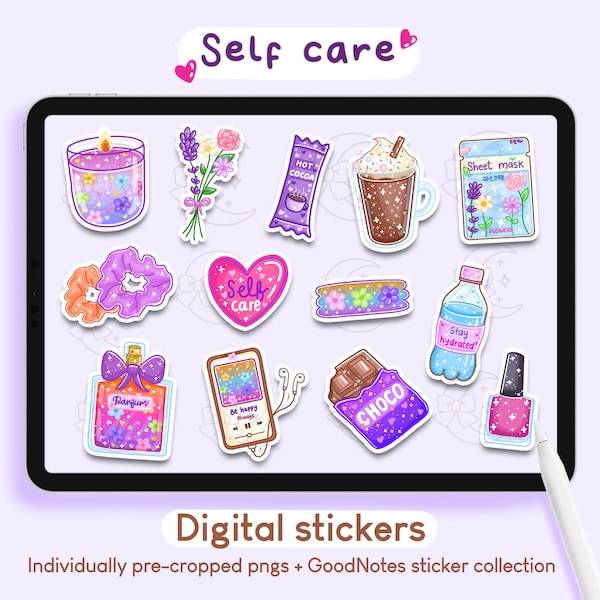 Self Care Digital Stickers | GoodNotes Stickers, Cute Kawaii Aesthetic Sticker Pack for iPad, Planner Journal, Precropped PNG Printables