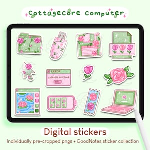 Adesivi digitali per computer Cottagecore / Adesivi GoodNotes, Pacchetto adesivi kawaii estetici per iPad Planner Journal, PNG pretagliati stampabili