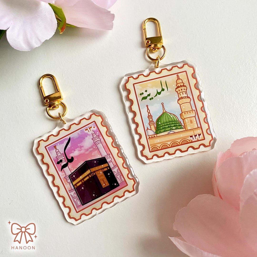 Mosque Keychain Mecca & Madinah Stamp Keychains, Kaaba, Masjid Al Haram, Nabawi Mosque ...