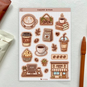 Folha de adesivos para Coffee Break - café, bege, marrom, neutro, minimalista, expresso, planta, bolo, latte, adesivos decorativos para diário alimentar