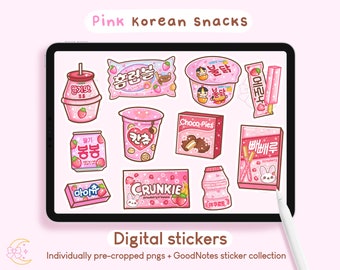 Pink Korean Snacks Stickers | Goodnotes Digital Planner Cute Kawaii Japanese Asian Food iPad Sticker, Journal Precropped PNG Printables