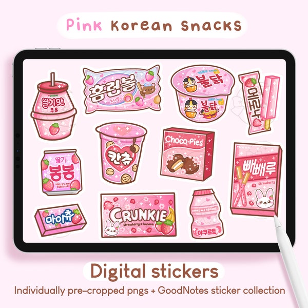 Pink Korean Snacks Stickers | Goodnotes Digital Planner Cute Kawaii Japanese Asian Food iPad Sticker, Journal Precropped PNG Printables