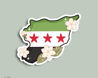 Syria flag map jasmine flowers Sticker, Freedom flag, Syrian revolution, stickers for phone case, laptop, water bottle