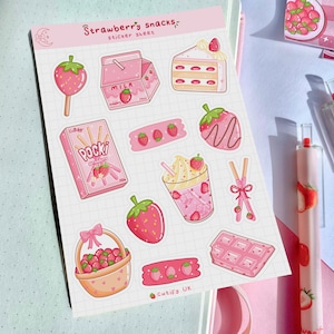 Hoja de pegatinas de bocadillos de fresa: lindas, kawaii, estéticas, fresa, comida, postres, leche de fresa rosa, pocky, pegatinas para planificador de diario