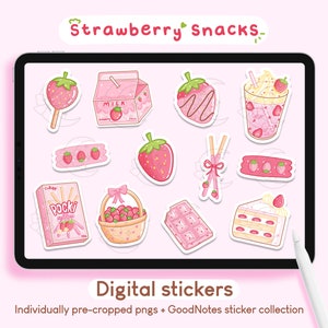 Erdbeer Snacks rosa digitale Aufkleber | GoodNotes Aufkleber, süßes Kawaii Sticker Pack für iPad, Planer Journal, Precropped PNG Printables