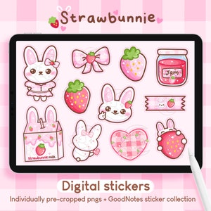 Strawbunnie süsses Häschen-Kaninchen-Digital-Aufkleber | GoodNotes Kawaii Erdbeer Rosa iPad Aufkleber Set Planer Journal Precropped PNG Printables
