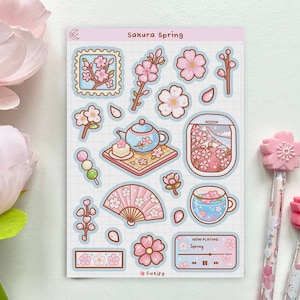 Foglio di adesivi Sakura Spring - carini, kawaii, Giappone, giapponese, fiori di ciliegio, fiori, floreali, Corea, adesivi decorativi per planner di diario estetico