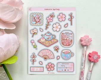 Sakura Spring sticker sheet - cute, kawaii, japan, japanese, cherry blossom, flower, floral, korea, aesthetic journal planner deco stickers