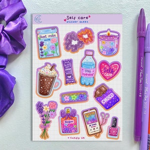 Foglio di adesivi per la cura di sé: estetica, amore per se stessi, sessione di coccole, giornata alla spa, adesivi carini, kawaii, planner per diario giornaliero per una casa accogliente