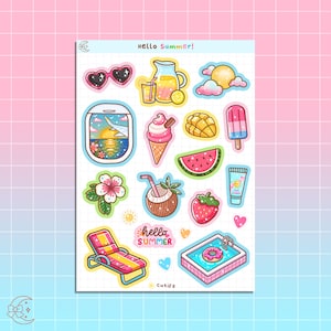 Hoja de pegatinas de Hola verano: tropical, playa, vacaciones, fiesta en la piscina, lindas, brillantes, frutas, pegatinas para diario y planificador de decoración hawaiana