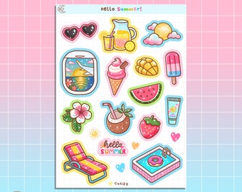 Hello Summer sticker sheet - tropical, beach, holiday, vacation, pool party, cute, bright, fruits, hawaii deco journal planner stickers