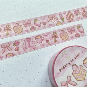 Taśma washi Pretty in Pink - słodka, pastelowa, kawaii, kokieteryjna, księżniczka, kokardki, kwiaty, kwiatowa, dekoracyjna taśma do planowania bullet journal