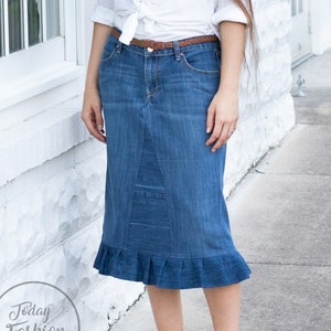 DARK Denim Skirt Knee Length Made From Recycled Jeans Perfect Mothers Day Gift Plus Size Available Today Fashion Clothing