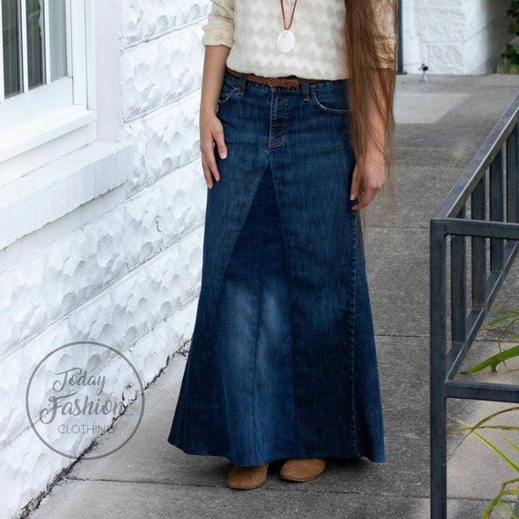 long blue denim skirt