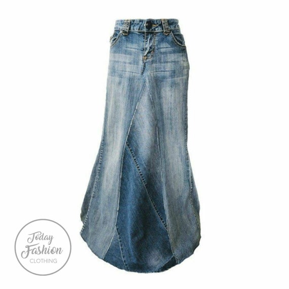 Distressed Long Denim Skirt With Train 