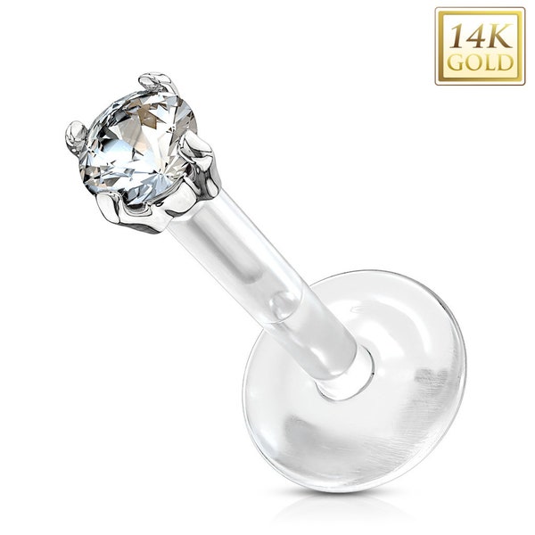 14K massief gouden driehoek of zirkonia piercing met bioflex labret voor neus, lip philtrum, conch, oor kraakbeen piercing