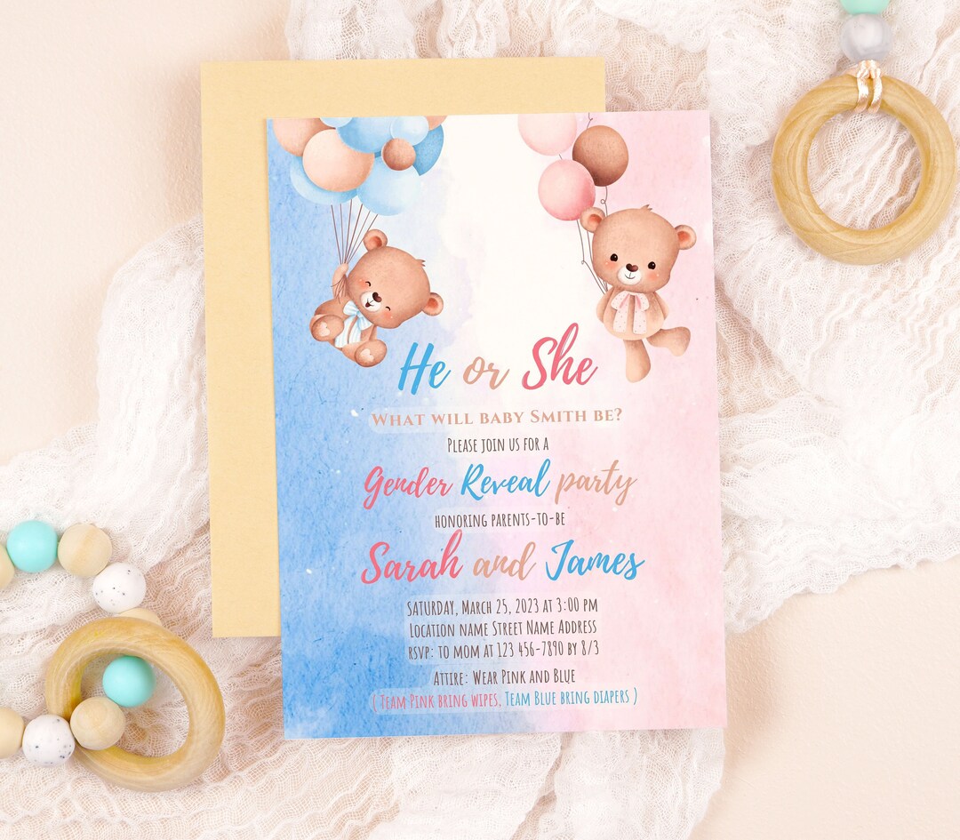 Editable Teddy Bears Gender Reveal Invitation Baby Boy or Etsy