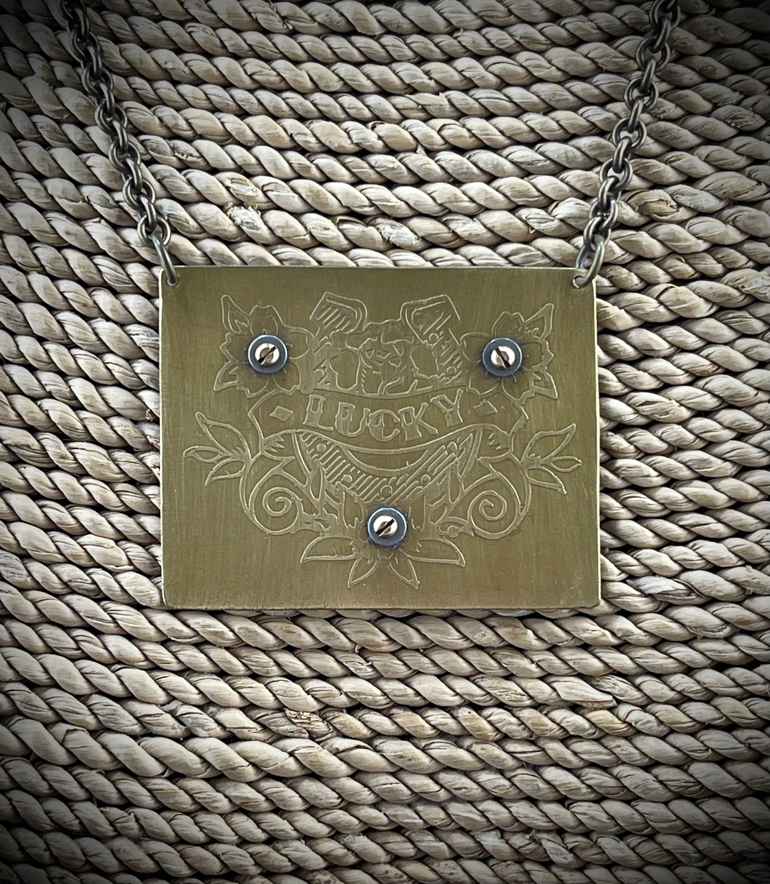Lucky Tattoo Brass Necklace, Handmade, Stamped, Etched and Patina