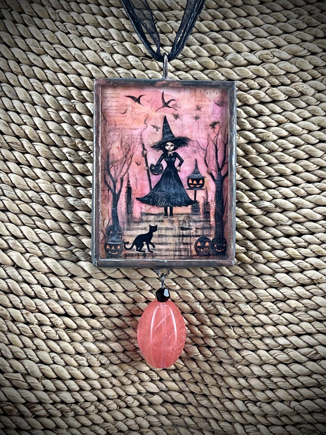 Halloween Soldered Pendant, Halloween Pendant, Witch and Cat Pendant ...