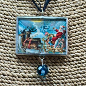 pendentif soudé père Noël vintage, pendentif renne de Noël, carte postale vintage, pendentif réversible, cadeau pour elle, collier, bijoux soudés