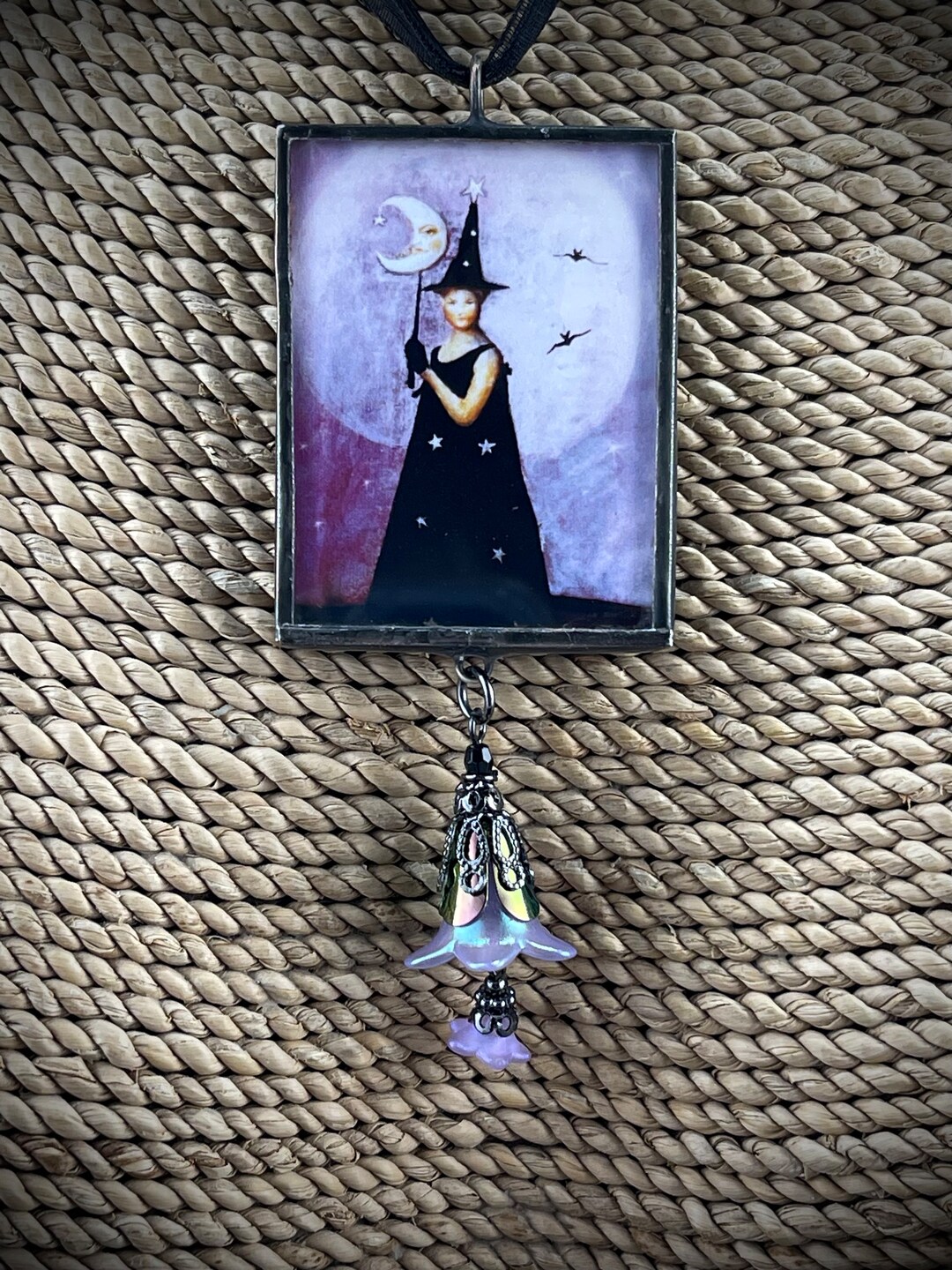 Halloween Soldered Pendant, Halloween Pendant, Vintage Witch and Cat ...