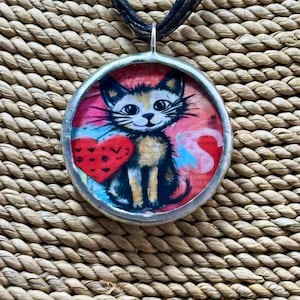 Whimsical Cat Solder Pendant, Artsy Cat Pendant, Cat Pendant, Heart Pendant, Gift for Her, Cat Jewelry, Reversible Pendant, Cat Lover