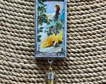 Vintage kerstengel gesoldeerde hanger, omkeerbare ansichtkaartsieraden