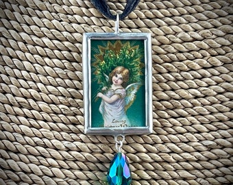 Opruiming vintage kerstengel gesoldeerde hanger, kerstengelhanger, vintage ansichtkaart, omkeerbare hanger, cadeau voor haar, ketting