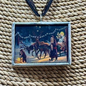 pendentif soudé père Noël vintage, pendentif renne de Noël, carte postale vintage, pendentif réversible, cadeau pour elle, collier, bijoux soudés