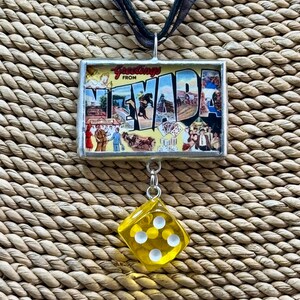 Vintage Las Vegas Grüße gelötet Anhänger, Las Vegas Anhänger, Reise, Löt Anhänger, Geschenk für sie, Reversible Anhänger, Anhänger, Halskette