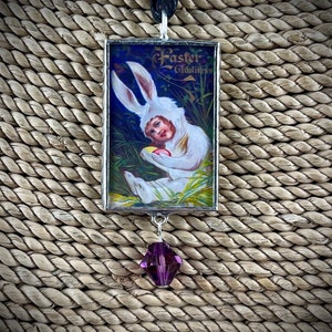 Easter Bunny Soldered Pendant, Vintage Easter Postcard Pendant, Easter Child Pendant, Easter, Gift for Her, Reversible Pendant, Necklace