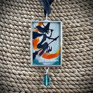 Clearance Vintage Halloween Cat and Witch Soldered Pendant, Flying Witch Pendant, Black Cat Pendant, Gift for Her, Reversible Pendant