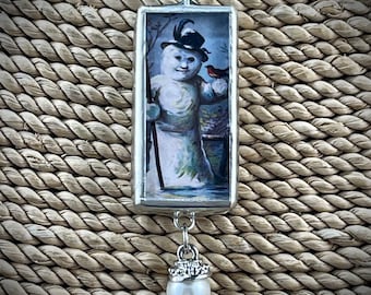 Vintage Snowman Soldered Pendant, Christmas Snowman Pendant, Vintage Postcard, Reversible Pendant, Gift for Her, Necklace, Christmas Gift