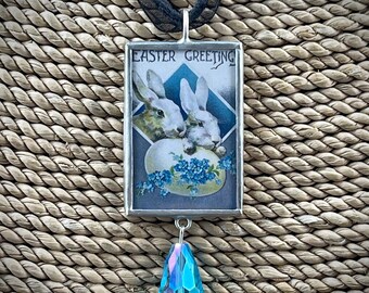 Vintage Easter Postcard Pendant, Easter Bunny Soldered Pendant, Rabbit Pendant, Easter Bunny, Gift for Her, Reversible Pendant, Necklace