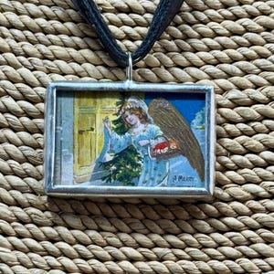 Pendentif soudé ange de Noël vintage, pendentif ange de Noël, carte postale vintage, pendentif réversible, cadeau pour elle, collier, bijoux