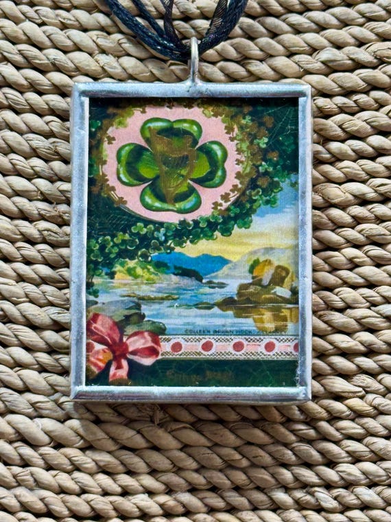 Vintage St Patricks Day Soldered Pendant, St Paddys Day Greetings