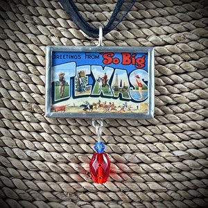 Vintage Texas Greetings Soldered Pendant, blue bonnet Pendant, Travel, Solder Pendant, Gift for Her, Reversible Pendant, Pendant, Necklace