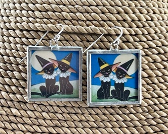 Halloween Cat Soldered Pendant Earrings, Halloween Cat Earrings, Black Cat Earrings, Witch Earrings, Soldered Earrings, Halloween Earrings