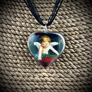 Pendentif soudé Saint-Valentin, Cupidon, pendentif en forme de coeur, pendentif carte postale vintage, coeur, cadeau pour elle, pendentif réversible
