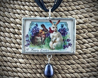 Vintage Easter Postcard Pendant, Easter Bunny Soldered Pendant, Rabbit Pendant, Easter Bunny, Gift for Her, Reversible Pendant, Necklace